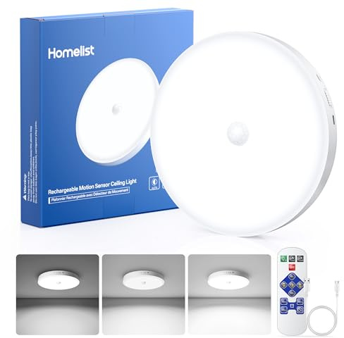 Homelist Akku Deckenleuchte mit Bewegungsmelder, 12000mAh Batterie Deckenlampe, Dimmmbare Akku Deckenlampe Badezimmer mit Fernbedienung, für Flur Garage Schuppen Dachboden Senioren Kinder, 1 Stück