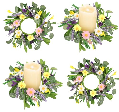 Sariiraw 4 Pcs Spring Candle Rings Wreaths, 3.6 Inch Mini Artificial Floral Daisy Wreath for Pillar Candles, Spring Summer Home Kitchen Cabinet Tabletop Decoration, Wedding Party Candelabra Holder