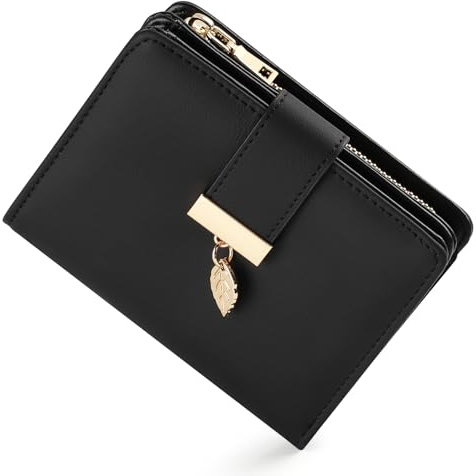 RRANCharltu Purses for Women RFID Ladies Purse with Gift Box,Black | RFID Blocking Women Wallet,Card Holder,Leaf Pendant Clasp,Zipper Pocket,PU Leather,2 ID Window,8 Card Slots,Gift Box