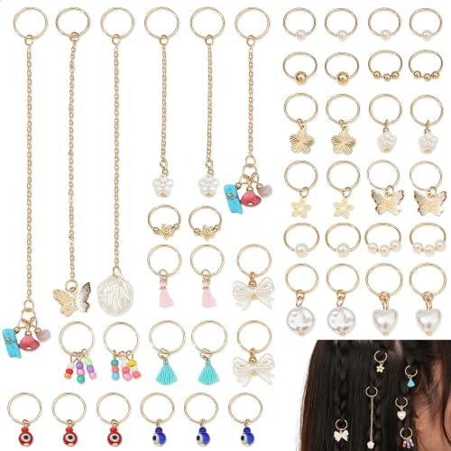 YiiHHooN Gioielli Dreadlocks, 46 Pezzi Accessori Capelli Oro per Trecce, Ciondoli Farfalla Fiore Fiocco Anelli per Trecce Oro con Lunghe Nappe Hair Rings per Donna Accessori Capelli