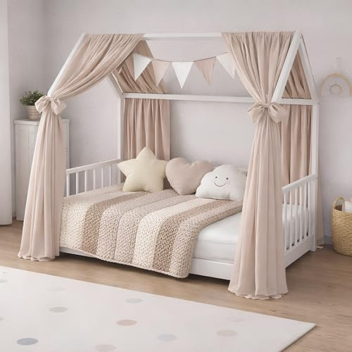 Generisch Baby Delux Hausbett Himmel Betthimmel aus Musselin 2-teilig 160x300 cm 2 Stück für Kinderbett Babybett Hausbett mit Schleife Deko Himmel für Mädchen und Jungen (Beige)