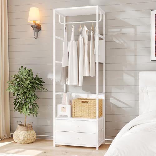 VOWNER Garderobenständer mit Schuhbank, 60cm Flurgarderobe, Kleiderständer, Garderobe mit 2 Schubladen und Kleiderstange, für Flur, Schlafzimmer, Wohnzimmer, Weiß, 60x180x40 cm