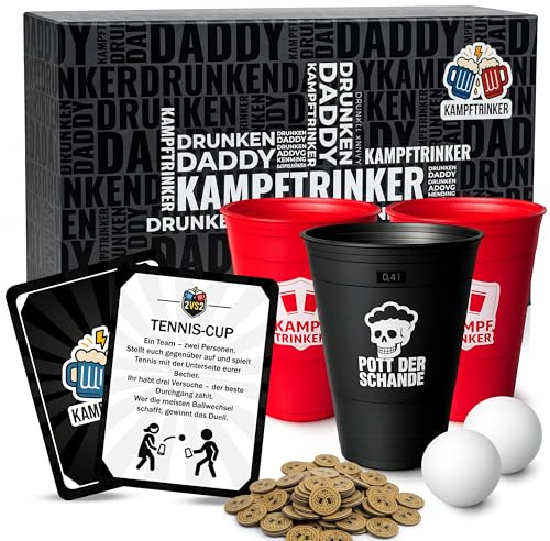 DENKPAUSE® Kampftrinker Trinkspiel mit 100 Karten für 4-10 Spieler | Komplettes Duell-Partyspiel mit Goldmünzen, Bierpongbechern und Bällen – ideal für Spieleabende, Feiern und größere Gruppen