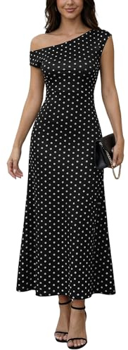 Fengbay Polka Dot Dress for Women One Shoulder Slim Fit Long Dresses | A-Line High Waist Drapey Maxi Dress, Soft Stretch Fabric,Retro Polka Dot For Summer Casual Daily, Party & Holiday