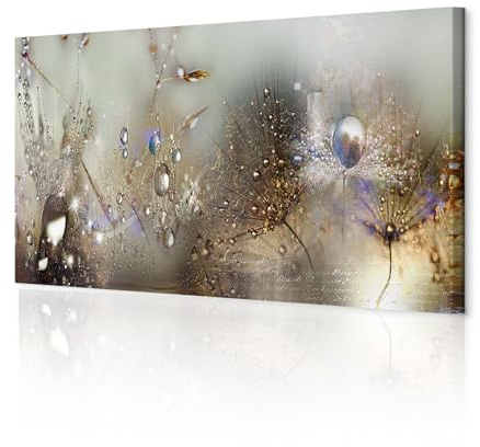 decomonkey Bilder Pusteblume 120x40 cm 1 Teilig Leinwandbilder Wandbild Tau | Strukturleinwand, Holzkeilrahmen, Bild auf Leinwand, Kunstdruck, Wanddeko, Wohnzimmer, Wanddekoration, Blumen, Pflanzen