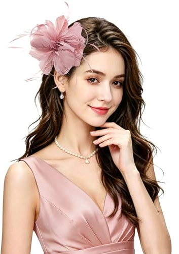 Z&X Women's Sinamay Fascinator Headband Clip Mesh Flower Feather Cocktail Pillbox Hat, D- Nude Pink, One Size