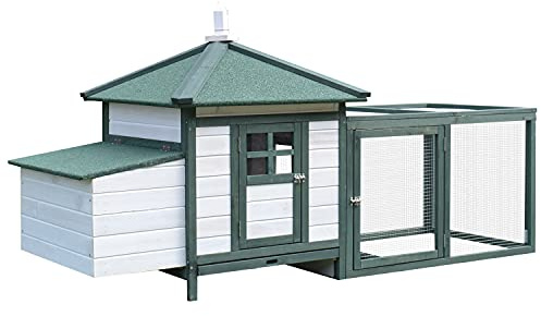 PawHut Poulailler Cottage Multi-équipement perchoir Rampe pondoir enclos tiroir à déjection 196L x 76l x 97H cm Bois Massif pin Vert Blanc