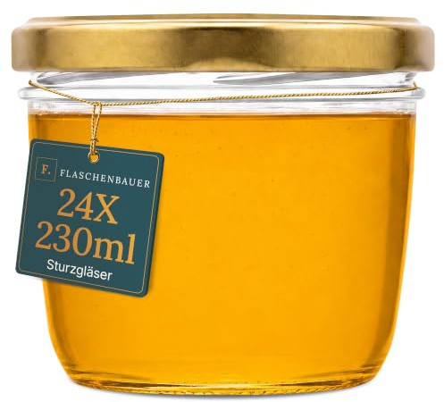 Flaschenbauer - Einmachgläser 230ml 24er Set - Marmeladengläser mit farbigen Deckel, Schraubgläser, Joghurtgläser, Sturzgläser zur Aufbewahrung, mit Twist-Off-Deckel - Made in Germany (Gold)