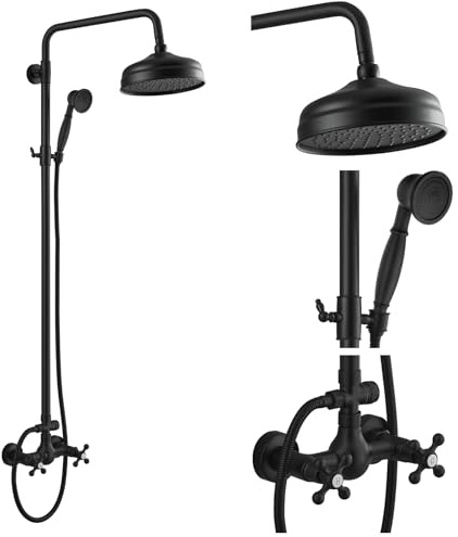 gotonovo Bathroom Exposed Shower Fixtures 8 Inch Rain Showerhead Double Cross Handles 2 Function Wall Mount Shower Faucet Set, Brass Handheld Spray, Matte Black