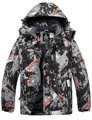 Wantdo Chaqueta de Esquí de Montaña para Hombre Abrigo de Invierno Impermeable con Capucha Cazadora de Snowboard Cálida Chaqueta al Aire Libre Antiviento Hombres Flora Gris XL