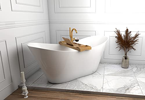 ECOLAM® exklusive freistehende Badewanne Standbadewanne + Ablage Bambus moderne Wanne freistehend Viya + Ablaufgarnitur Click Clack Design Mineralguss 160x70 cm glamour Luxus weiß
