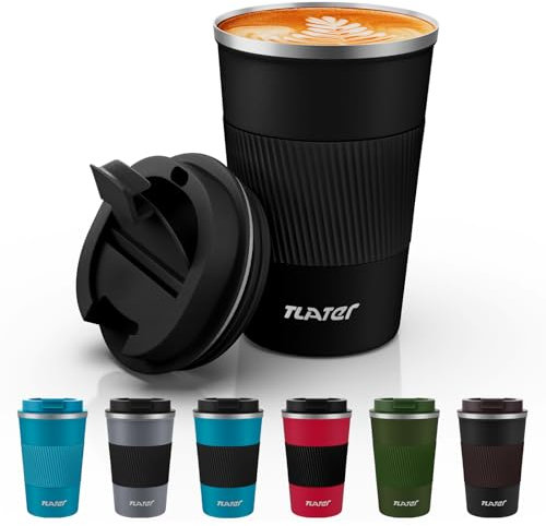 Tlater Taza de café para llevar, 380 ml, termo con tapa a prueba de fugas, vaso de viaje de doble pared, de acero inoxidable, taza de viaje para café y té (negro)