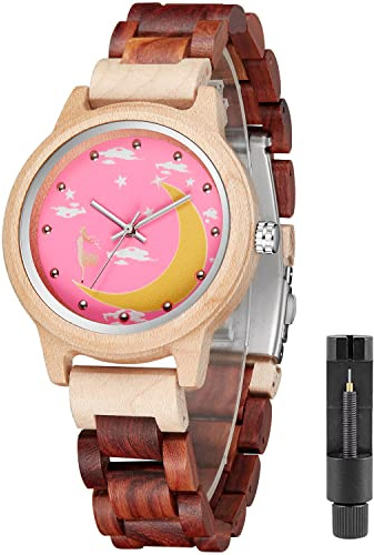 Tiong Wooden Watches for Women Men Inverted Geometric Zebra Wood Watch Unique Elegant Quartz Wooden Wrist Watch Hand-Made with Bamboo Bracelet Unisex