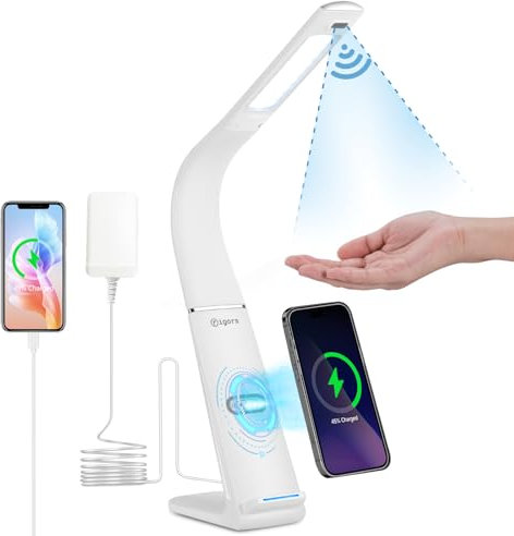 rigors LED Schreibtischlampe mit Bewegungssensor Tischlampe 10W Wireless Charger für Handy, Schreibtischleuchte Stufenlose Dimmen Tischleuchte mit 10 Helligkeitsstufen 700LM Bürolampe Leselampe-Weiß