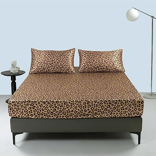 Damier Satin Spannbettlaken 180x200cm Gold Leopardenmuster Seide Glänzend Spannbetttuch Hochwertiges Satin Deluxe Bettlaken, geeignet für Matratzen bis 25cm