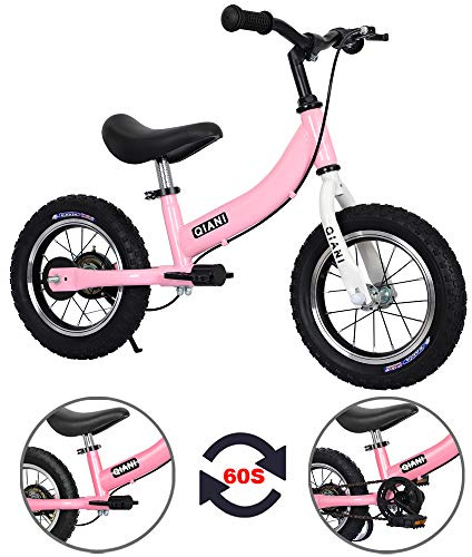 Qiani Fahrrad ohne Pedale und Kinderfahrräder 2 in 1, für 2 bis 7 Jahre Kinder, mit Bremse, abnehmbar Pedale und Hilfsräder, 12 14 16 Zoll, Rot Blau Rosa (16 Zoll, Rosa)