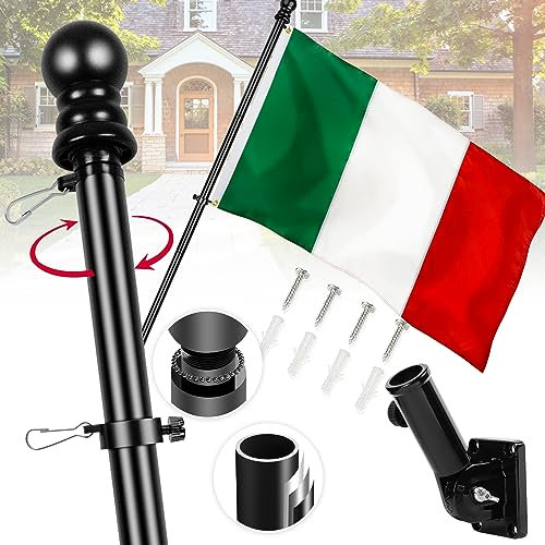 Italien-Flagge mit Stangen für den Außenbereich, 1,8 m, Aluminium, kein Verheddern, drehbarer Fahnenmast, 180° Multi-Positionen-Halterung, 90 x 152 cm, Nylon, windabweisend, rostfrei, Set (schwarz)
