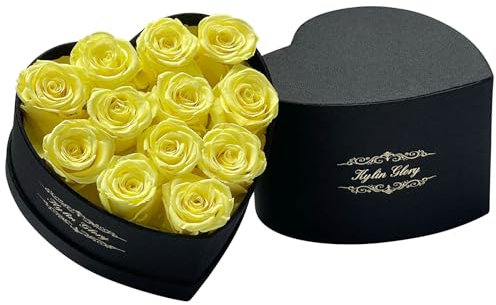 Kylin Glory Konservierte Blumen für die Lieferung Prime – 12 Stück Forever Roses Bouquet, Herzform, Design Geschenke für Mutter, Frau oder andere besondere Anlässe (gelb)