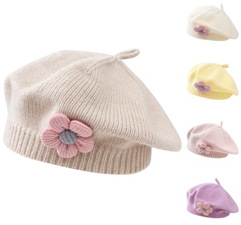 Little Girls Beret Hat Winter Warm Beanie Cap Toddler French Style Knit Hat Baby Cute Flower Berets (Beige)