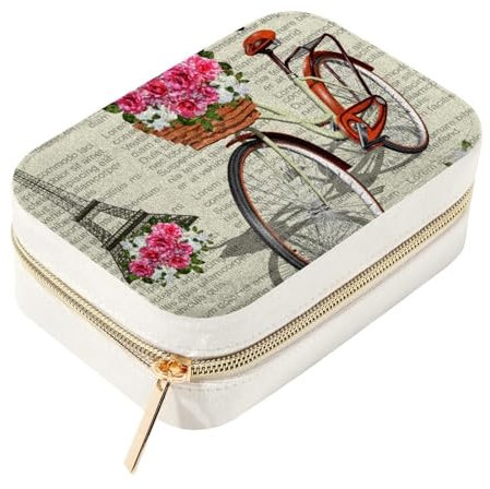 RODAILYCAY Reise-Schmuckschatulle im Vintage-Stil, Motiv: Paris Eiffelturm, Fahrrad, Samt, mit herausnehmbaren Fächern, tragbarer Schmuck-Organizer für Halsketten, Ringe, Ohrringe, Armbänder