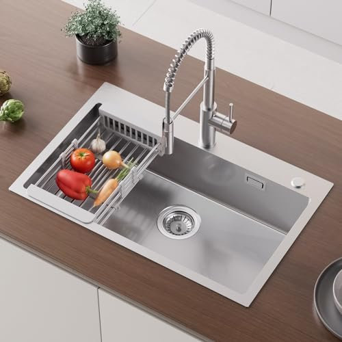 CECIPA 70 x 45 cm Lavello Cucina 1 Vasca con Gocciolatoio Retrattile, Grande Lavandino Cucina 1 Vasca per Mobili di 70cm e Oltre, Lavello Cucina Acciaio Inox da Appoggio con Troppopieno e Sifone