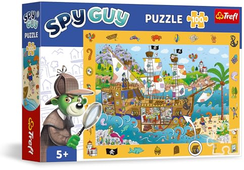 Trefl - Beobachtungspuzzles 100 Teile, Spy Guy: Piraten-Schiff, 5+ | Finde alle Gegenstände im Bild, farbenfrohe Puzzles voller Details, Förderung von Konzentration und Beobachtungsgabe