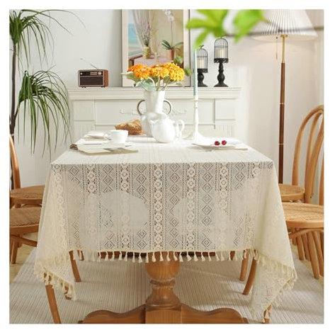 BCughia Tischdecke 150x220 Beige, Partytischdecke Wasserfest Rechteckig Polyester Hohl Streifen Spitze mit Quasten Tischdecke für Küche,Esszimmer,Tischdekoration