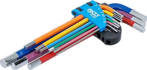 BGS 74455 | Juego de llaves allen | multicolor | hexágono interior 1,5-10 mm | 9 piezas | Multicolor, ejecución larga, acero al cromo vanadio (S2), código de colores, soporte plegable de plástico