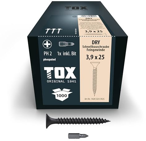 TOX Tornillos para cartón yeso DRY FG 3,9 x 25 mm, magazinados para montaje rápido con destornillador de cargador, cartón yeso sobre subestructura metálica, 1000 piezas en caja, 142453253925
