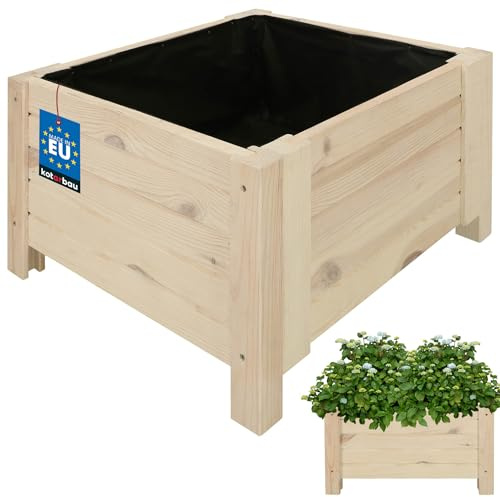 KOTARBAU® Växtlåda - Träplanteringslåda - 50 x 50 x 30 cm - Blomlåda - Planteringslåda Trä - Vit - Planteringslåda för Balkong - Terrass Trädgård - Balkonglåda - med Vlies för Ogräs