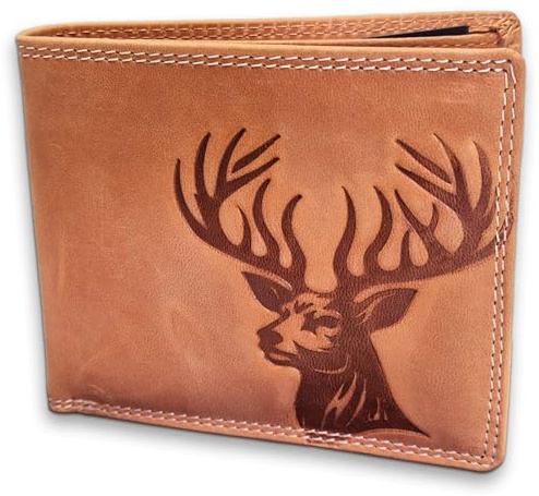 Pixelstudio Leder Geldbörse Herren Geldbeutel als Männer Geschenk für Jäger & Bergsteiger. Geldtasche Herren Geldbörse Leder Portemonnaie Hirsch & Edelweiß