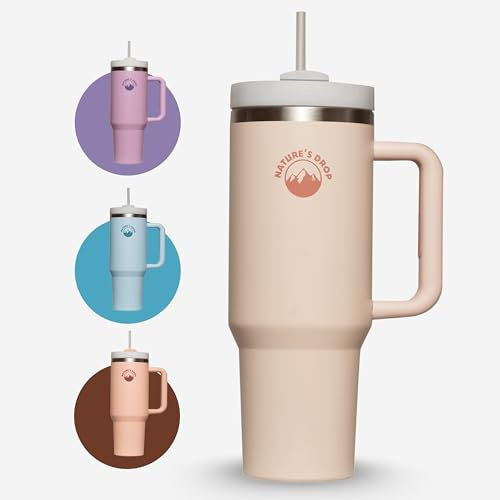 Generisk Nature's Drop termosmugg med sugrör och handtag, quencher, 1 180 ml, kaffemugg att gå med lock, dubbelväggig isoleringskopp, bärbar bilmugg för kalla varma drycker (beige)