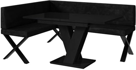 MEBLINI Eckbank für Esszimmer mit ausziehbarem Tisch - Küchenbank - Essecke - Sitzecke Küche - ERIC - X-Beine 128x168x87cm Links - Graphit Samt/M Schwarz Hochgl.