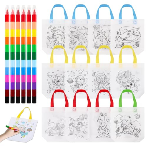 WEDAMOO Taschen zum Bemalen für Kinder, 12 Stück DIY Graffiti Non-Woven Stoffbeutel zum Bemalen und 6 Stück Stapelbare Wachsmalstifte (12 Farben in 1) für DIY Kindergeburtstag Gastgeschenke
