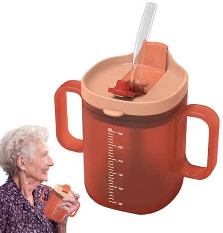 Gobelet à eau pour personnes âgées - Gobelet 300 ml, étanche, anti-étouffement, ergonomique, avec échelle, couvercle et paille, Generic