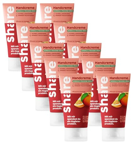 share Handcreme Pfirsich & Orange 10x75ml | Vegane, schnell einziehende Feuchtigkeitspflege | Spendet ein Hygieneprodukt | Handlotion