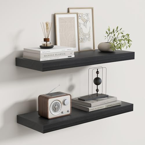 Fun Memories Rustikale schwebende Regale für Heimdekoration, 20,3 cm tief, schwebendes Wandregal aus Massivholz, 61 cm lang, tiefe Wandregale für Badezimmer, Wohnzimmer, schwarzes Finish, 2er-Set