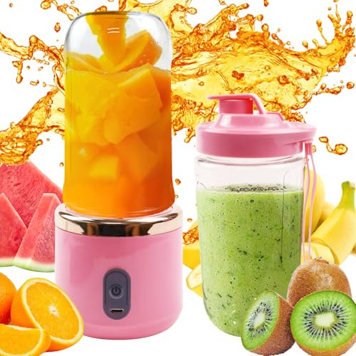 Aohcae Batidora pequeña de 400 ml con 6 cuchillas de acero inoxidable, cepillo y vaso de repuesto, batidora de carga USB, batidora pequeña para la preparación de batidos, zumos y batidos