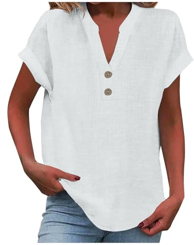 Chemise Femme Coton Et Lin Chemises Lin Manches Courtes Col V Boutonné Top Chemisier Henley Couleur Uni Lâche Respirant T-Shirts Tunique Femmes Chic Et Elegant Tuniques Grande Taille