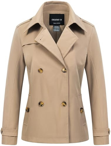CREATMO US Trench Coat Women Waterproof Coats Ladies Spring Jackets Women's Cropped Long Sleeve Casual Jacket Classic Double-Breasted Lapel Fashion Outerwear Khaki M