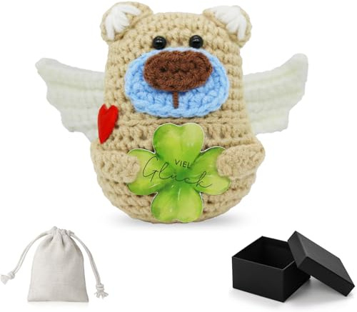 Sugeru Gestrickter Engel Glücksbär mit Kleeblatt, Glücksbringer Geschenk und Kreative Strickwolle Engel Bärchen Puppe, Motivationsgeschenke,Gute Besserung Geschenke,Valentinstag-Geburtstagsgeschenk
