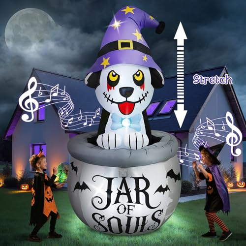 Kalolary 7FT Halloween-Aufblasfiguren – Animierter Welpe mit Musik, Hund mit Hexenkessel-Dekoration, aufblasbarer Garten mit integrierten LEDs für Indoor- und Outdoor-Feiertagsfeiern, Gartendekoration