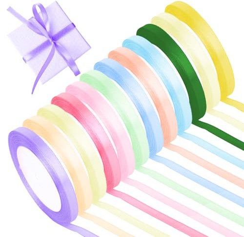 12 Farben Geschenkband, Satinband, Schleifenband Set, Eignet Sich für Handarbeiten, Hochzeitsdekorationen und die Verpackung von Edlen Geschenken（6mm*22m）