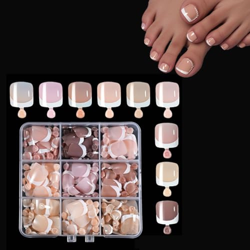 Auriselle 216 Pezzi di Unghie Finte per Piedi Tips Press On Nails con Design French-Tip Forma Corta e Squadrata Unghie Artificiali per Piedi Diverse Misure Perfette per Tutti i Giorni