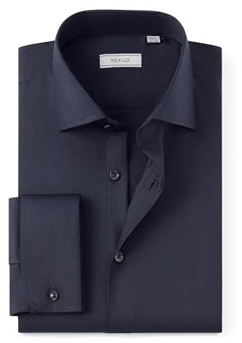 REXIUD Men’s Stretch Dress Shirt – Windsor Collar French Cuffs Formal Long Sleeve Shirt with Removable Collar Stays, Solid Color (UK, Neck & Sleeve, 16.5, 34, 35, Regular, Regular, Dark Blue)