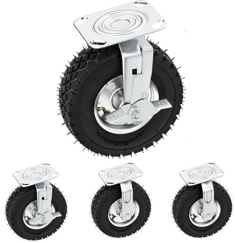 10 Inch Pneumatic Casters Wheels, No noise Heavy Duty Casters Set of 4 Tolerable 1200lbs with Brake, Locking Swivel rubber caster, Industrial Castor Wheels for Workbench, Cart, Trolley and Wagon