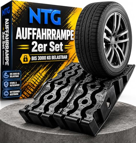 NTG Rampe de chargement pour voiture (lot de 2) jusqu'à 3000 kg, cales de chargement haute capacité en plastique antidérapantes + empilable - Convient à toutes les voitures