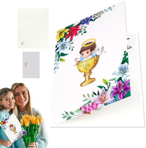 Cartes de vœux 3D pour la douche – Carte de baptême | Cadeau en papier pliable avec motif ange calice doré – Souvenir de baptême pour garçon et fille