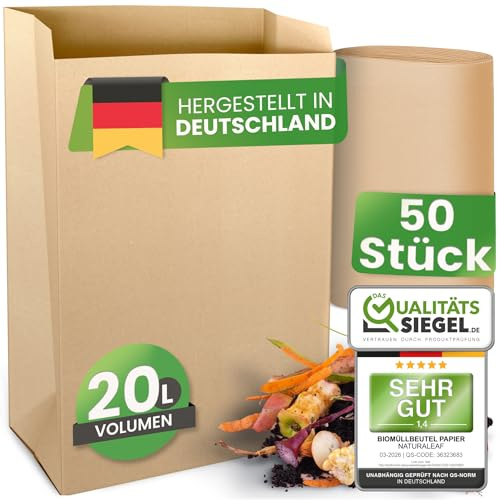 NATURALEAF® Biomüllbeutel 20L | 50 Stück | Bio Müllbeutel mit optimaler Stärke & Haltbarkeit | Kompostierbare Müllbeutel - die nachhaltige Entsorgungslösung für Gastronomie & Haushalt