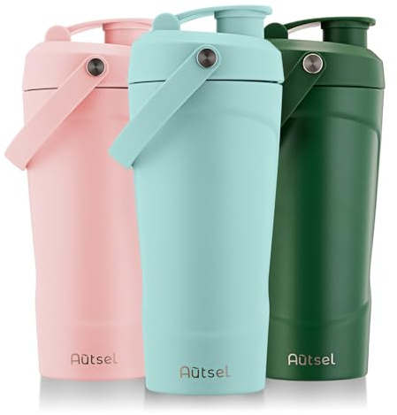 Autsel Protein Shaker Edelstahl, 750ml Trinkflasche Auslaufsicher
